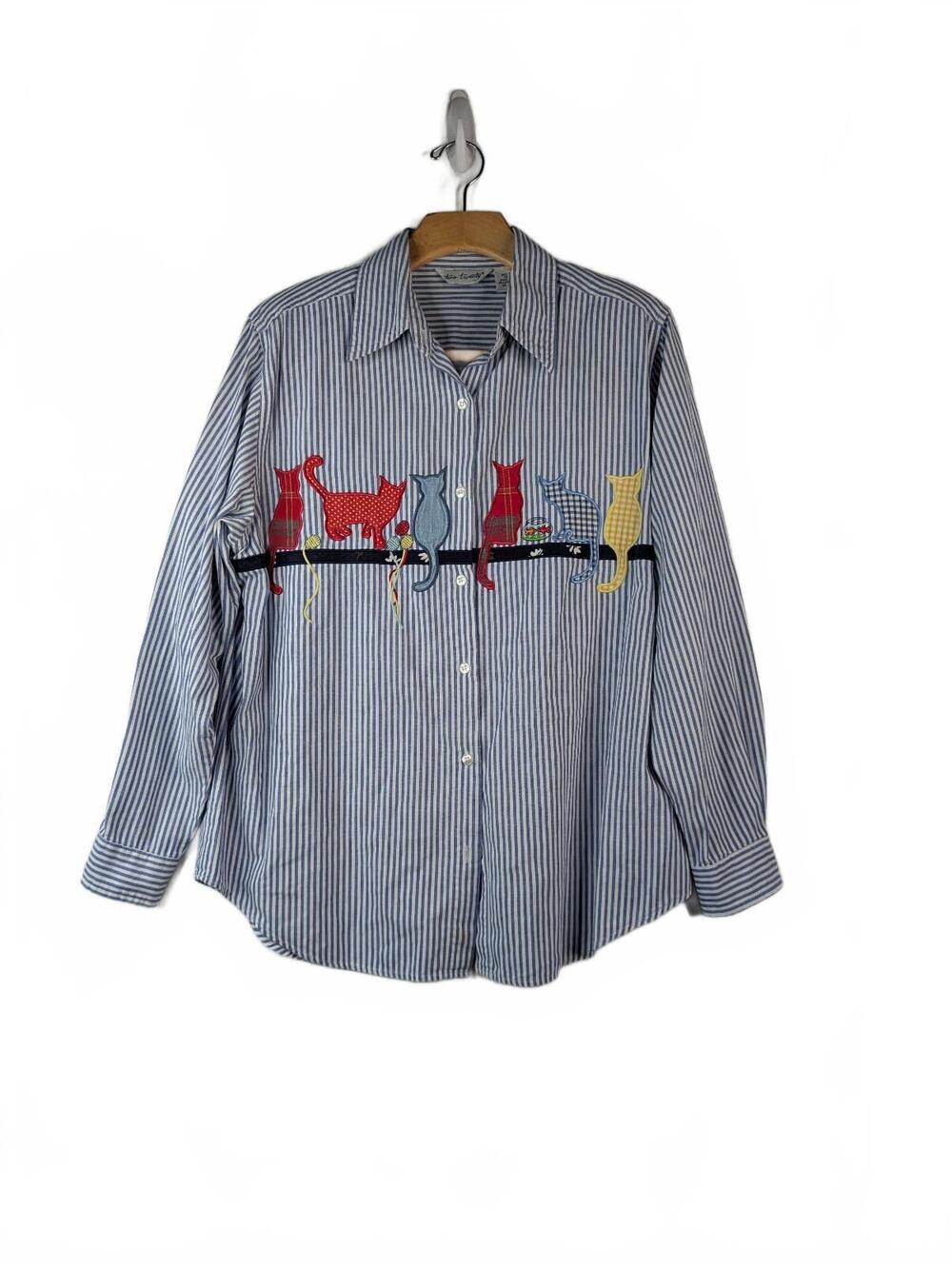 VTG 90's Two Twenty Blue/White Pinstriped  Embroidered Cat Shirt Size 14